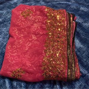 Dark pink saree with copper design + blouse